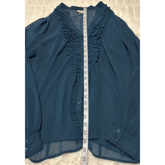 Worthington Brand Teal Blue Sheer Ruffled Blouse 100% Polyester Women's Size L - Picture 14 of 16